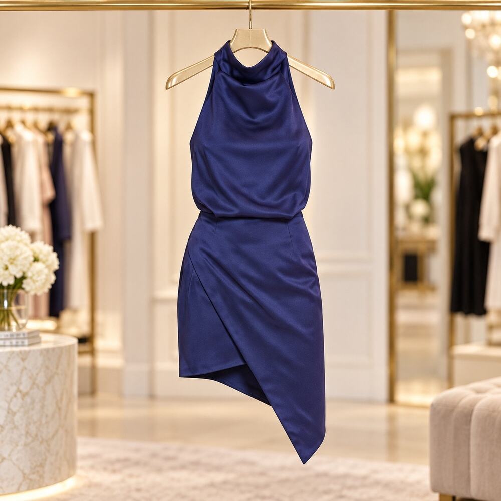 ELLIATT Royal Blue Halter Backless Asymmetric Dress XS Draped Cocktail Party